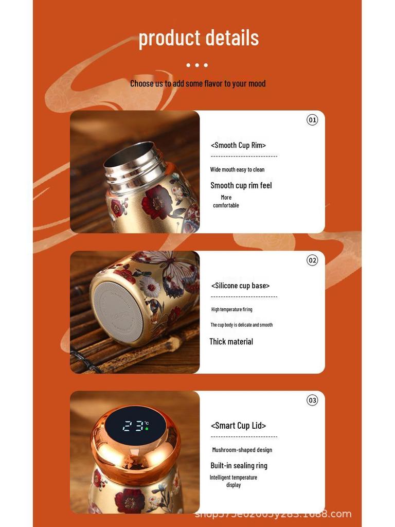 Intelligente Temperaturanzeige 316 Edelstahl Isolierte Reisebecher im chinesischen Stil