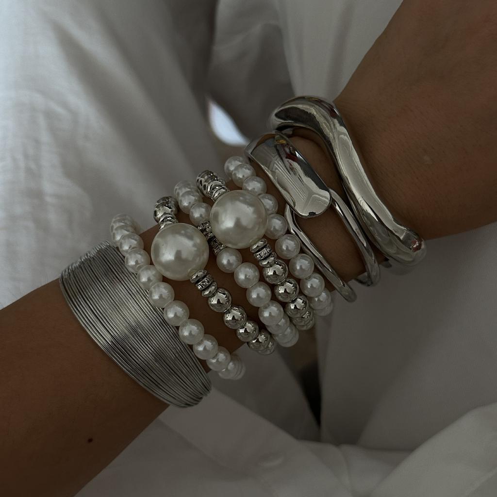 Vintage Pearl Wide Cuff Bangles Men Hip Hop Punk Silver Color Geometric Spring Bangles For Women Bracelet Jewelry