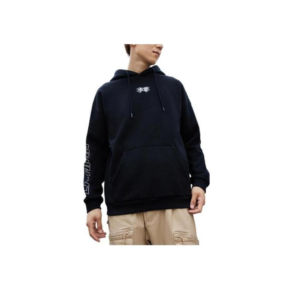 Li-Ning Solid Color Printed Chinese Character Hoodie With Long Sleeves Unisex Hoodie Black AWDSB19-3