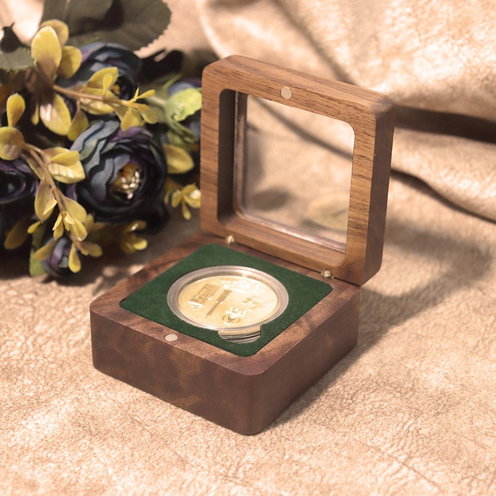 Customizable Handmade Square Wooden Commemorative Coin Storage Gift Box Transparent Window for Medal Silver Coins Made