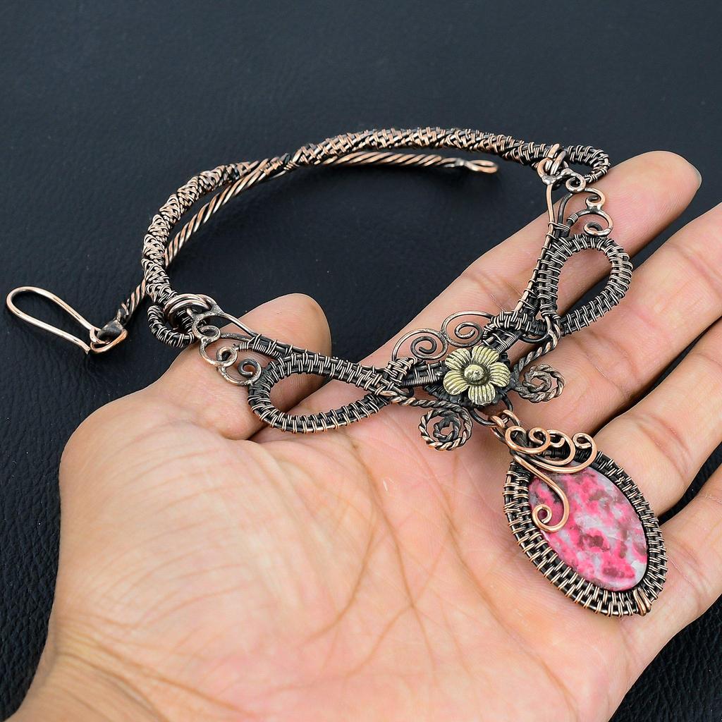 Pink Thulite Necklace Handmade Jewelry, 999 Copper Wire Wrapped Necklace Designer Gemstone Jewelry Adjustable Chain Necklace Gift For Mom
