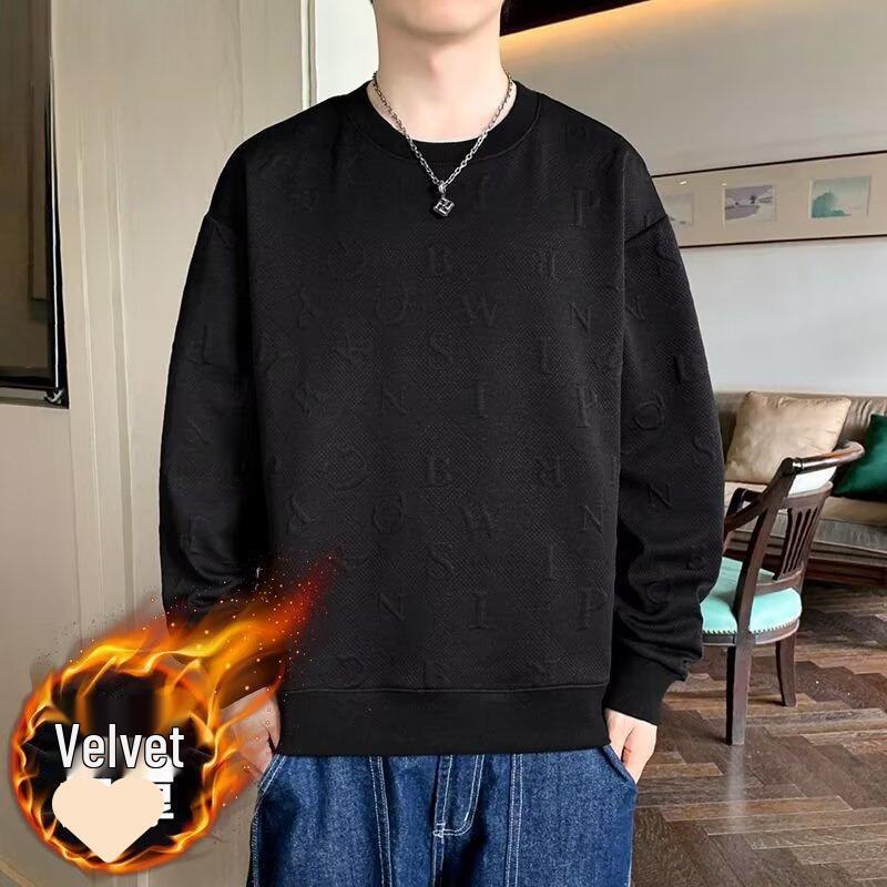 Moletom de Veludo Estilo Coreano Masculino de Inverno - Tendência Loose Fit, Cor Sólida, Gola Redonda