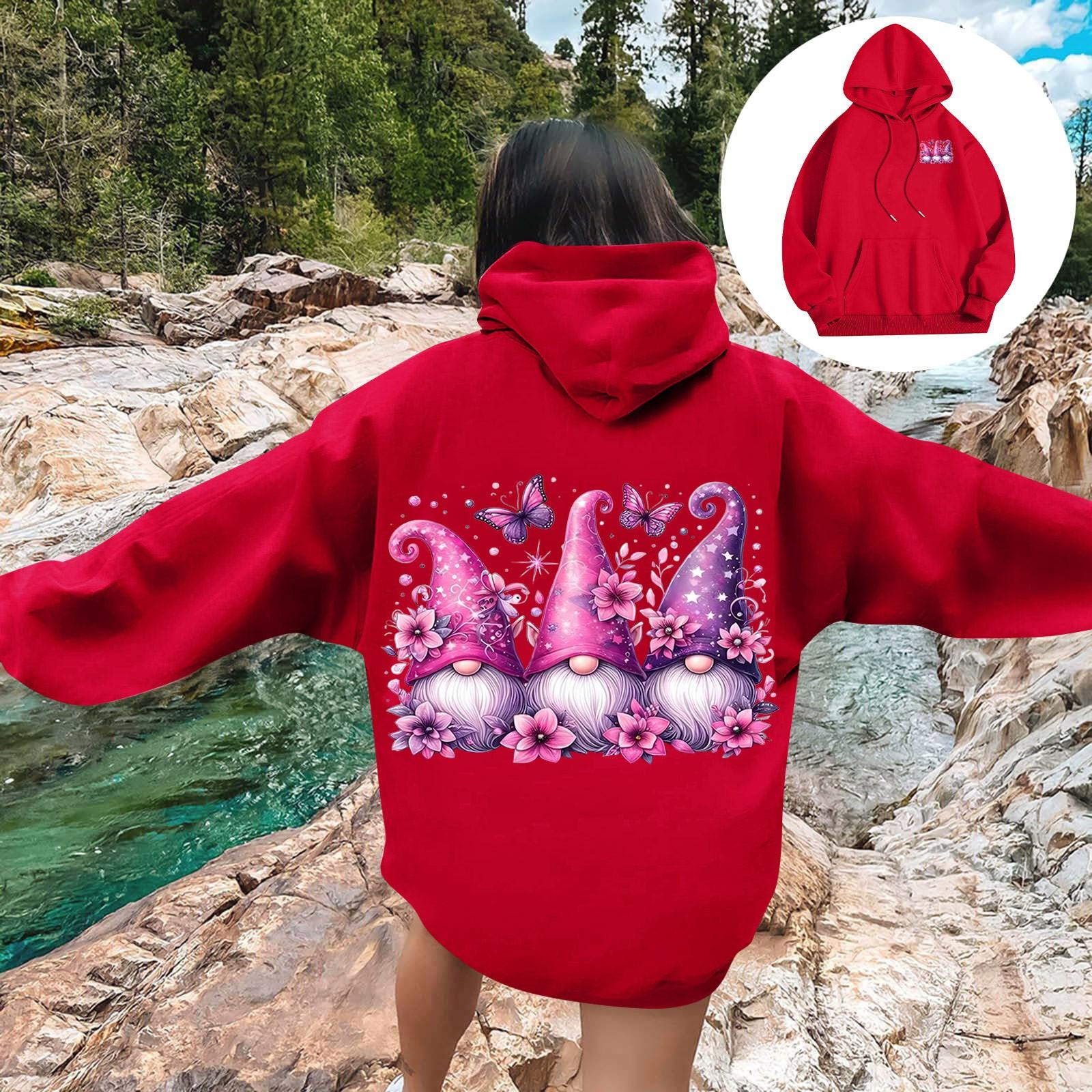 

Женская мода повседневный свободный рождественский мелкий принт топ с капюшоном на шнурке XL красный