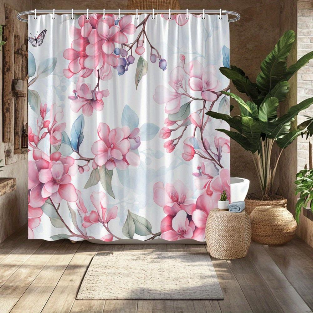 

1Pc Pink Floral And Green Leaf Watercolor Shower Curtain - Polyester Fabric, Machine Washable, Suitable For Bathroom Decoration W60H190(CM)-1 Pcs