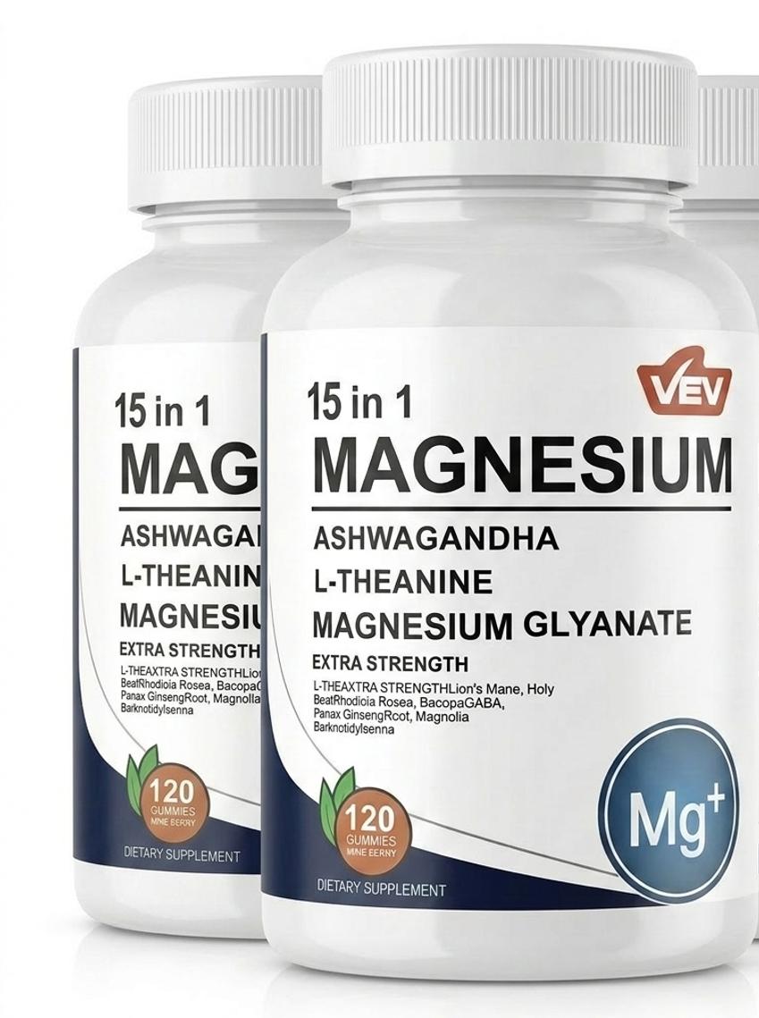 15-in-1 Magnesiumcitrat & Glycinat Komplex Kapseln, Cortisol-Unterstützung mit Ashwagandha & L-Theanin, Essbar 2PACK