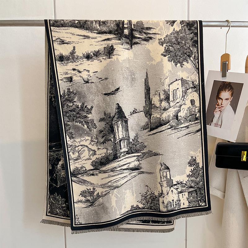 European Retro Oil Painting Landscape Painting Elegant Fashion High Sense Women Imitation Cashmere Warm Scarf
