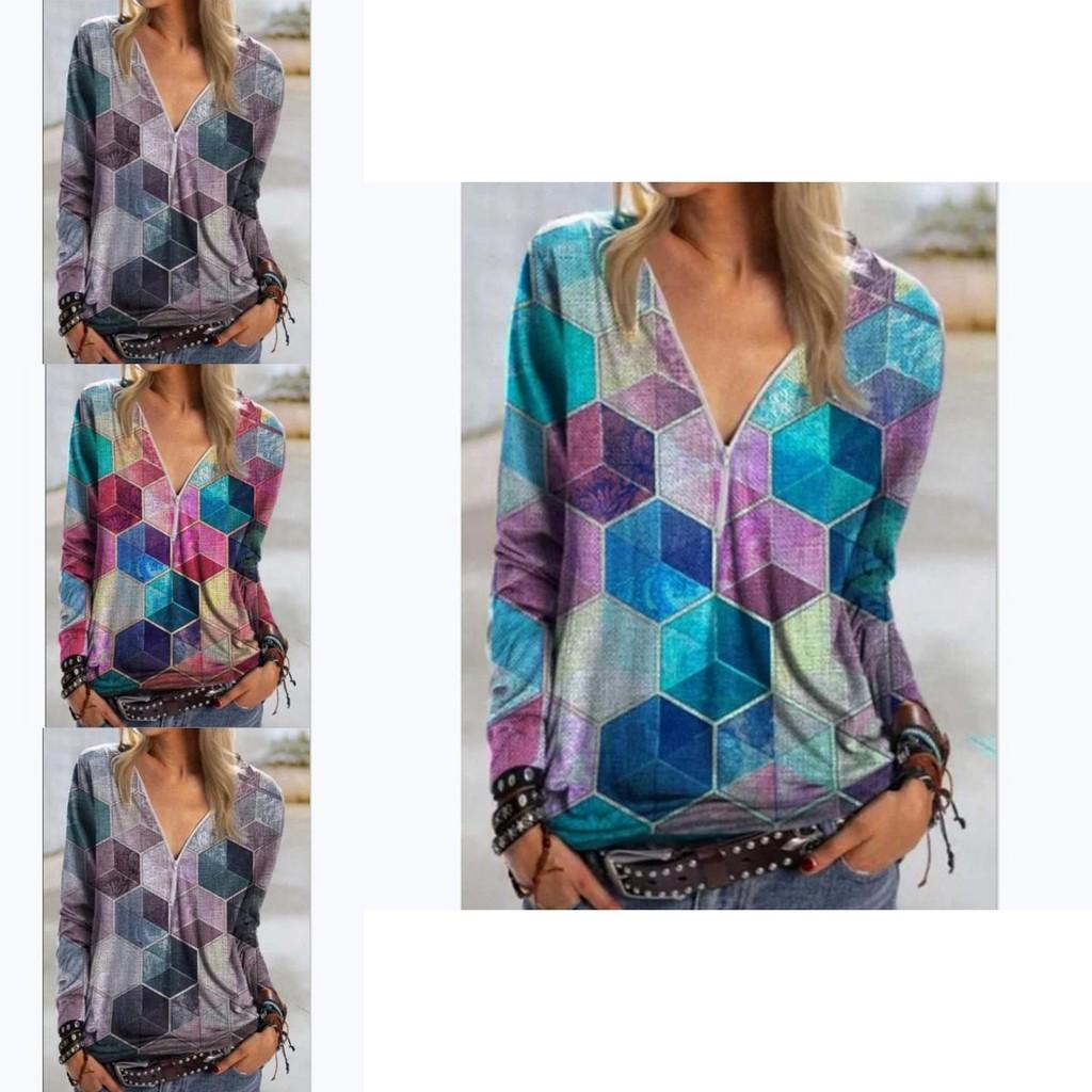 Elegant Ladies Print Pullover Blouse Shirt With V Neck And Zipper For Casual Wear