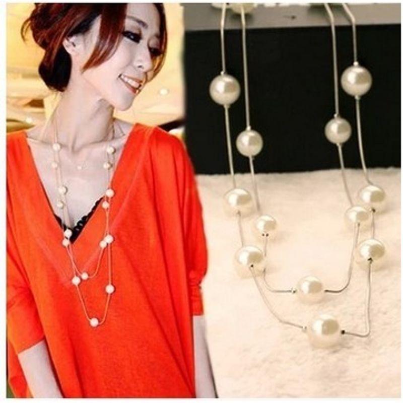 

Fashion Multi-Layer Women s Japanese and Korean Long Pendant Pearl Necklace Light yellow