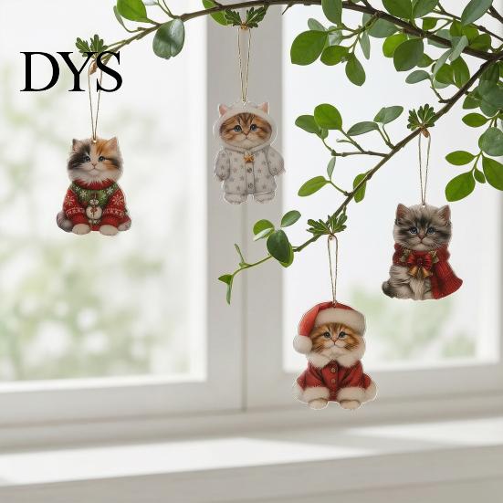 Festive Party Supplies Cute Cat Christmas Ornaments, 2D Wooden Cartoon Tree Xmas Gift for Friends Hanging Decorations Winter Holiday Home Decor