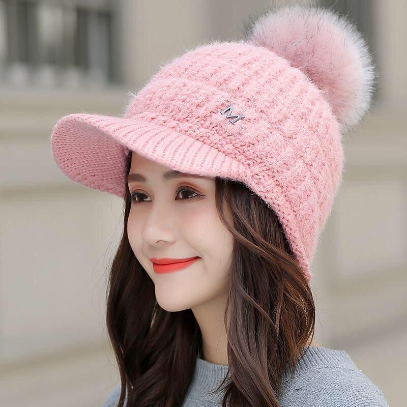 Peaked cap women's new knitted wool warm hat fashion versatile autumn and winter piled thickened ear hat