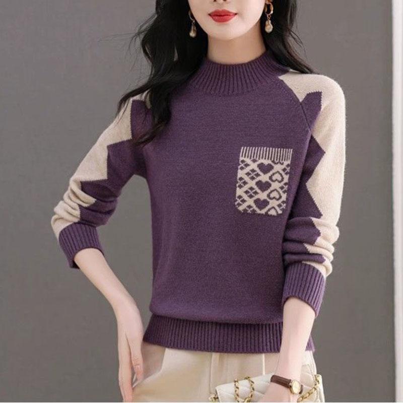 Women's Printed Sweater Autumn Winter Thick Soft Mock Turtleneck Sweater Color Block Loose Knit Pullover Top