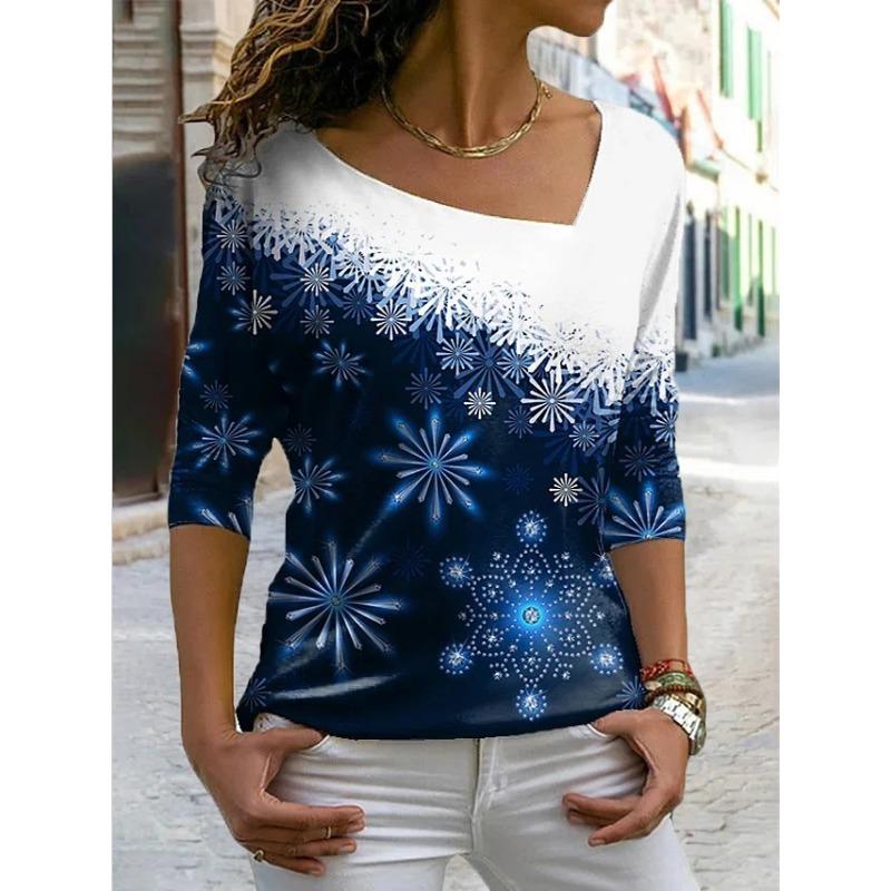 Women's T Shirt Characteristic Diagonal Neck Irregular Flower Digital 3D Print Ladies Wear Fashion Street Harajuku Ladies Tee