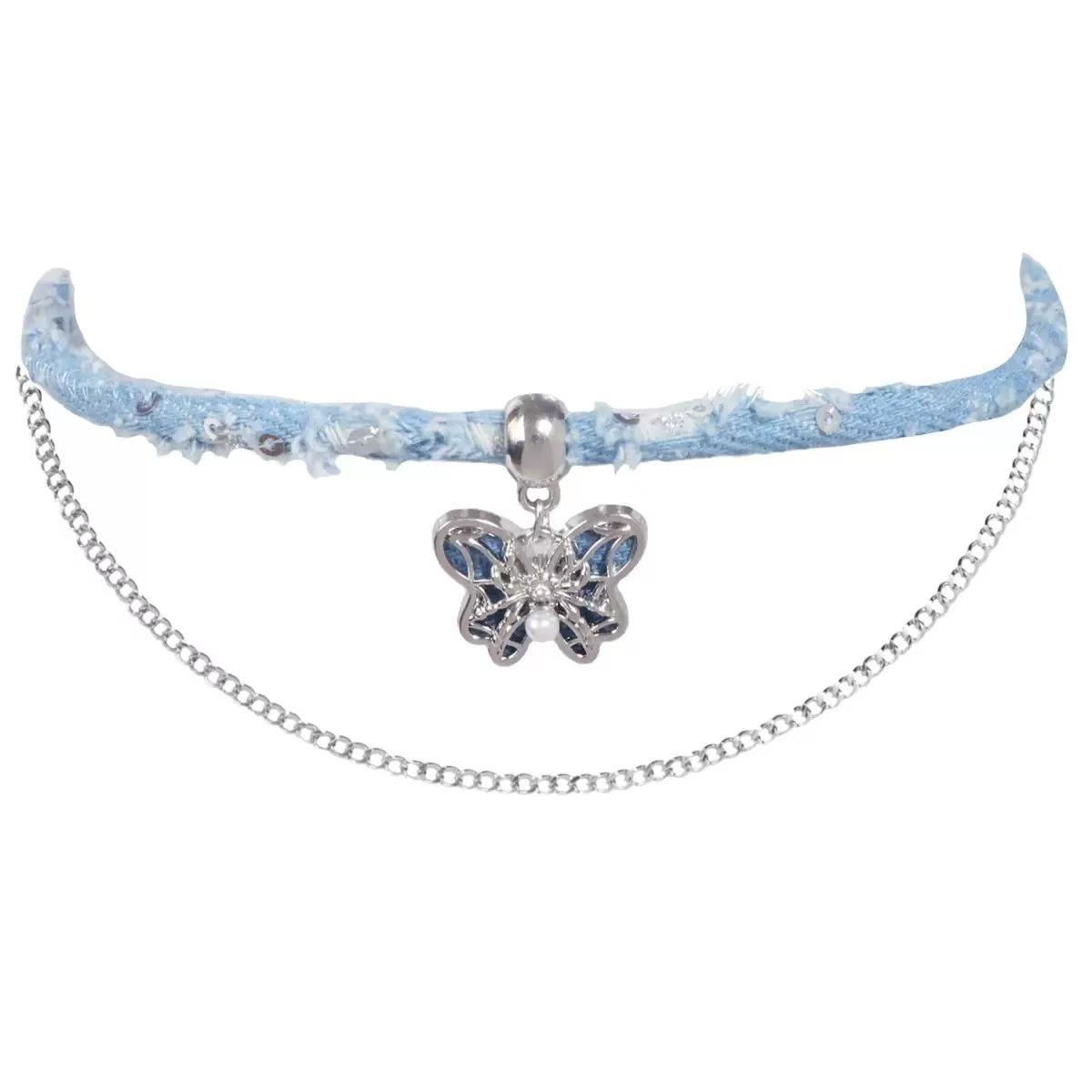 

Denim collar choker necklace butterfly necklace fringed pendant collarbone chain love necklace