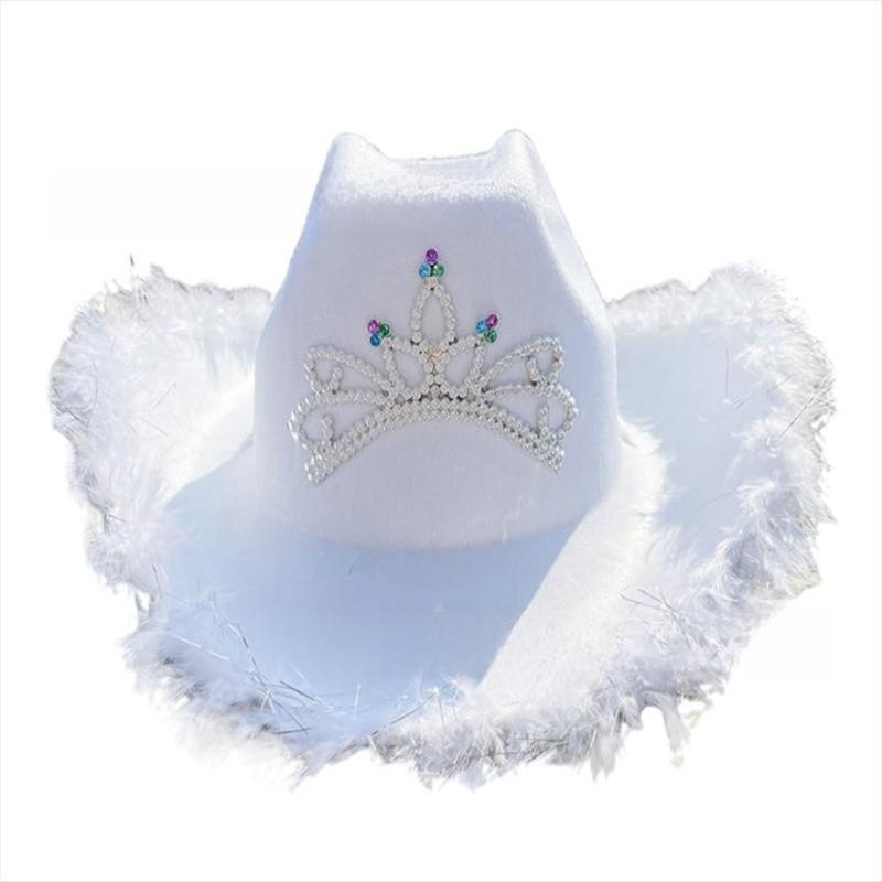 Rosa Stoff-Cowboyhut mit Sternverzierungen und leuchtender Krone für Partykleidung und Geschenke