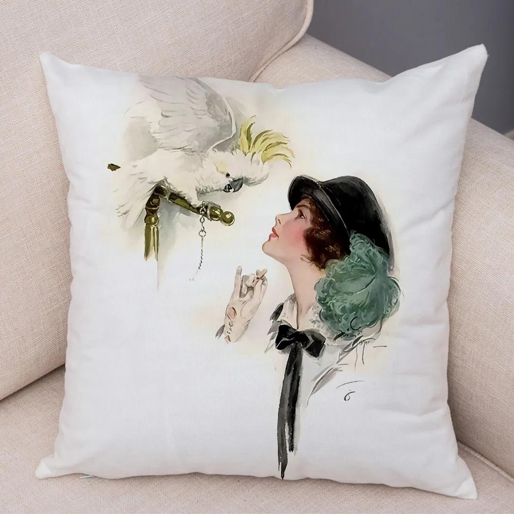 European Lady Cushion Cover Decor Vintage Style Elegant Women Print Pillowcase for Sofa Home Car Soft Plush Pillow Case 45x45cm
