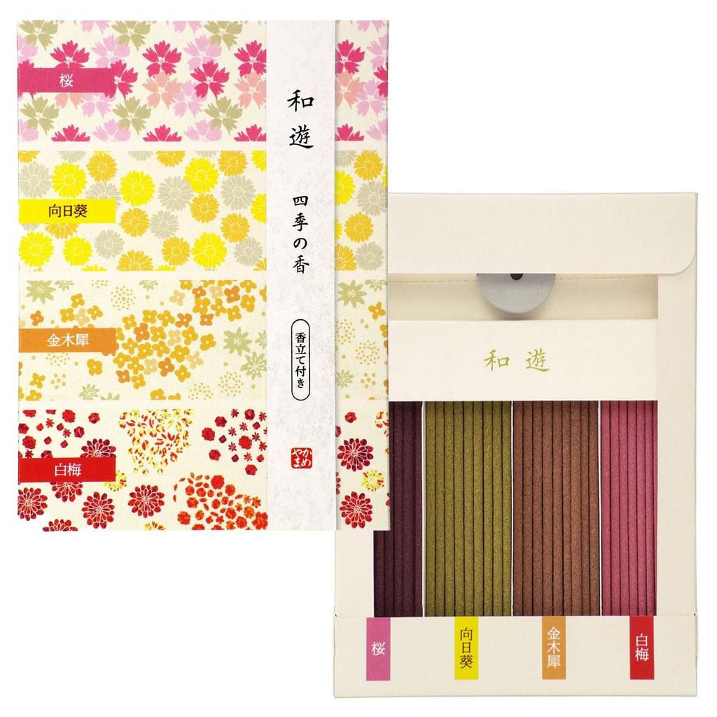 Kameyama Wayu Assorted Four Seasons Incense 1 Set Incense Sticks with Incense Holder (Cherry Blossom/White Plum/Osmanthus/Sunflower)