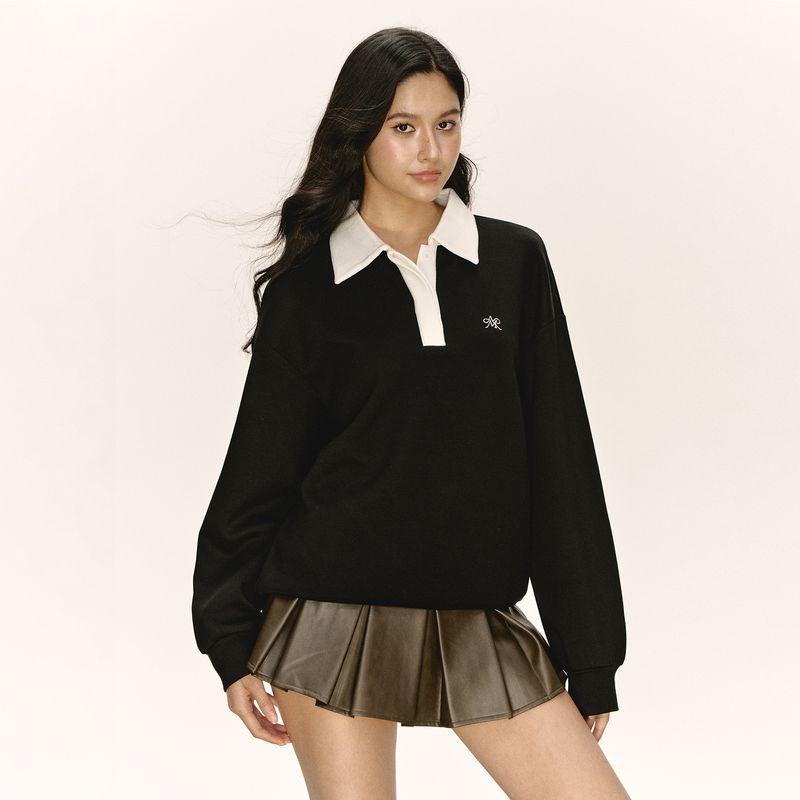 

Ariseism American Retro Dual-Color Patchwork Polo Collar Sweatshirt Outwear Female Autumn New Loose Top Black M