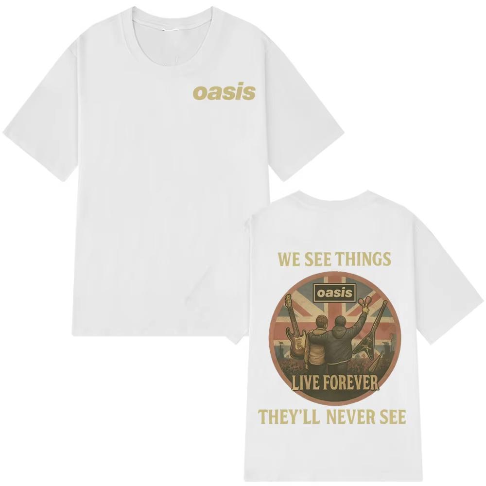 Oasis Live Forever Back Vintage Print T Shirt Men Women Pop Music Hip-hop T-shirts Short-sleeved Casual Loose T-shirts Ins Y2k