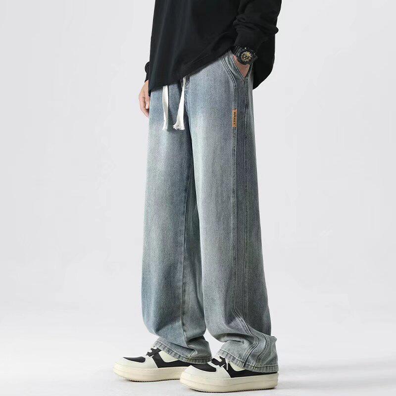 

2025 Мужские джинсы из мягкого денима на эластичной талии: Весенне-осенние прямые свободные повседневные брюки с широкими штанинами 3XL