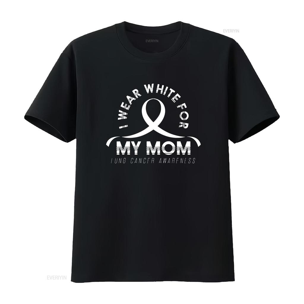 Womens T Shirt I Wear White For My Mom Ribbon Lung Cancer Awareness Black 2XL Vintage Washed Breathable Comfortable Stylish