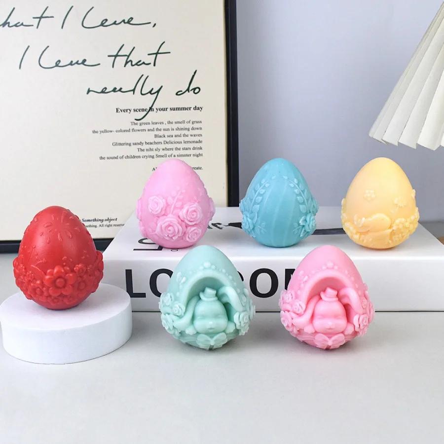 Relief Easter Egg Candle Silicone Molds Rose Flower Rabbit Head Resin Moulds Animal Bunny Gypsum Making Tools Lily Festival Gifts