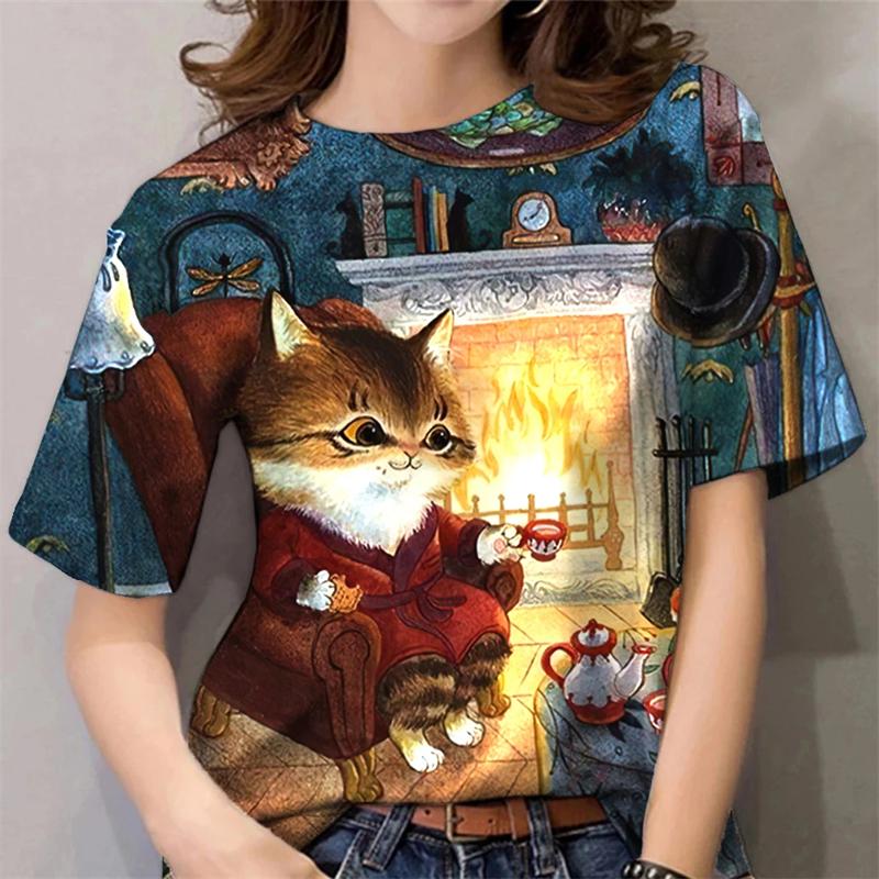 2025 T-Shirt For Women Kawaii Cat Print Tops Summer Oversized Tshirts Womens Clothes O-Neck Tees Female Clothing Fashion Blouse