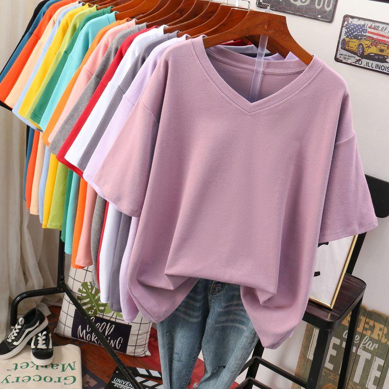 

V Neck Loose 100.00kg Plus Size Ladies Solid Color Half Sleeve T-Shirt Dark purple 3XL(Suitable 82.50 kg-92.50 kg)