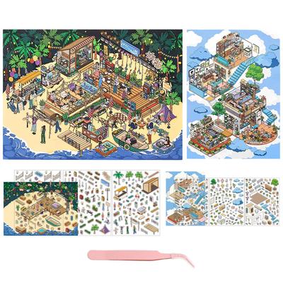 3D House Set DIY Landscaping Collage Scene Paper Miniature Paper Korean 3D Decoration Includes Tweezers Island Music Festival Stickers, 4-Piece
