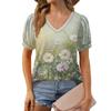 Damenmode Blumendruck Top Puff Kurzarm V-Ausschnitt T-Shirt Lose Casual T-Shirt