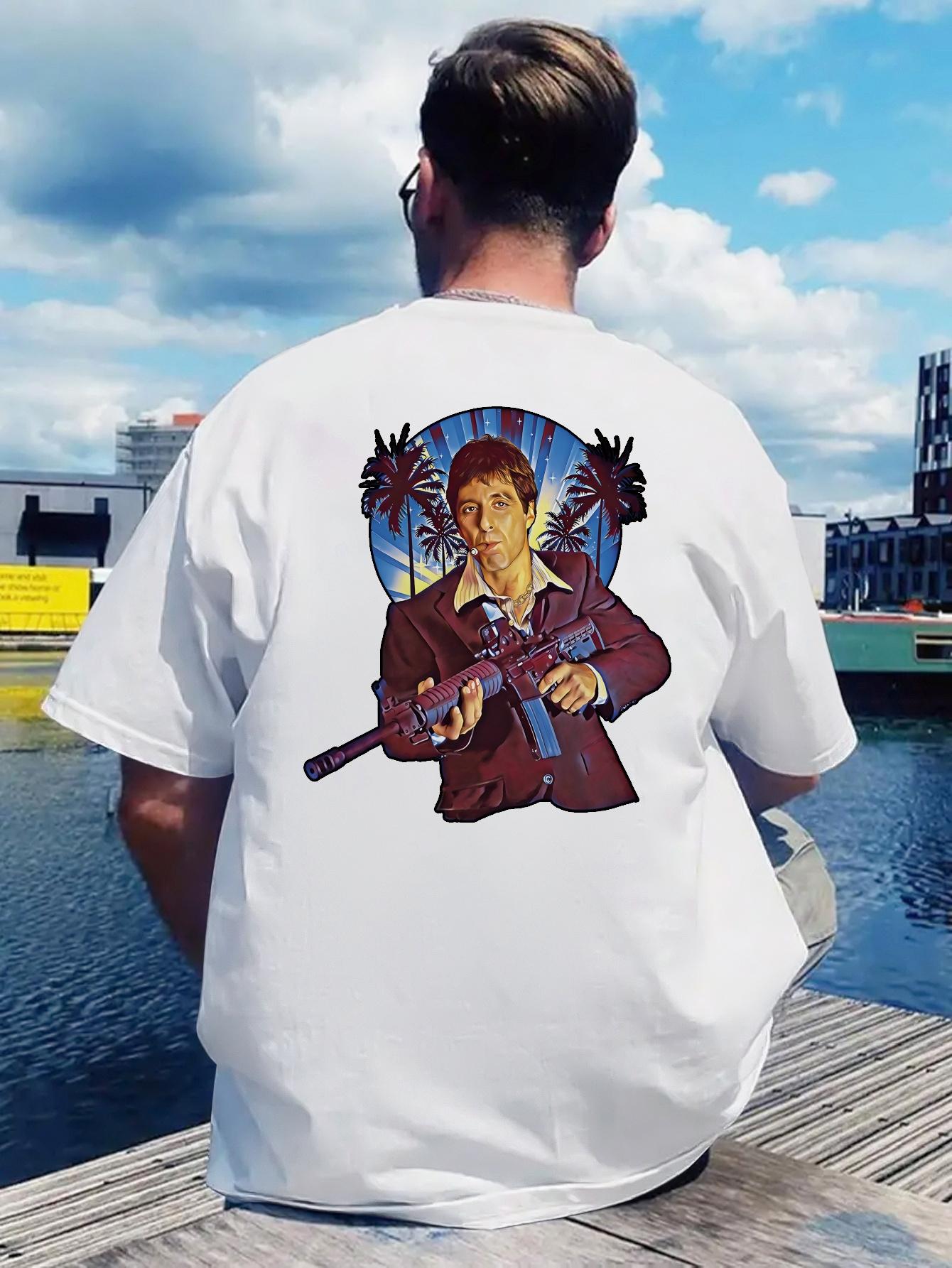Scarface Movie Back Print T-shirt - Tony Montana Graphic Tee with Guns & Palm Trees M
