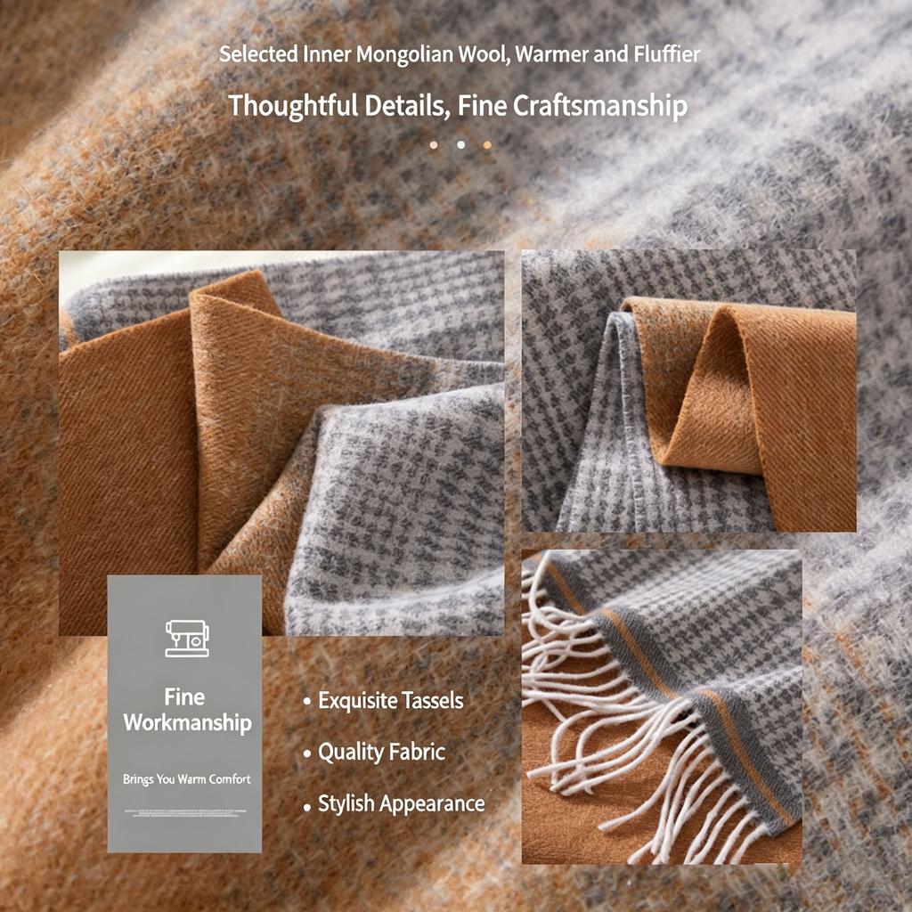 30*190CM Luxury Ombre Houndstooth Wool Scarf - 100% Pure Cashmere Feel Wrap, Women's Winter Plaid Neckwear, Multi-purpose Shoulder Shawl