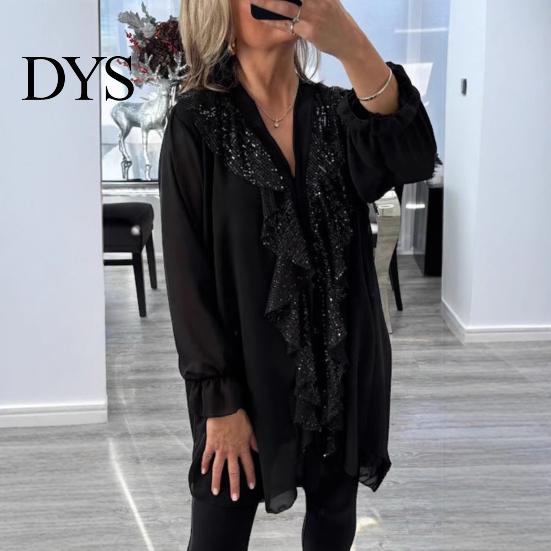 Loose Fit Women Top Shirt V-Neck Long Sleeve Ruffle Trim Chiffon Single Comfortable Blouse Breasted Solid Color Regular Casual Tops