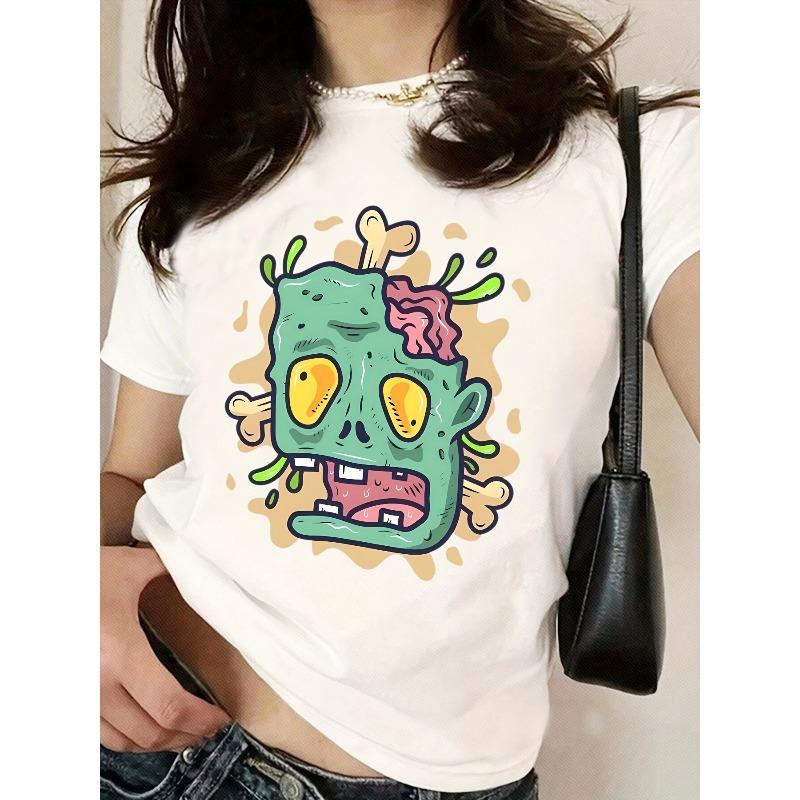 

Women s Vintage Zombie Brain Print T-Shirt Cute Zombie Cartoon Soft Short Sleeve Round Neck Loose Fit Halloween Casual Top S белый