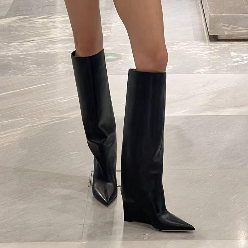 Fashion 7cm Heel Wedges Autumn Soft Leather Pointed Toe Knee High Boots Women Fashion Shoes Street Style Mordern Long Botas Mujer