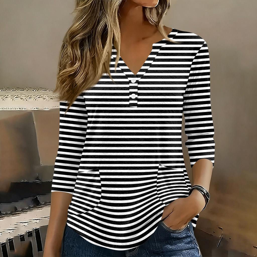 Womens 3/4 Sleeve V Neck Henley Pullover Top Geometric Print Casual Loose Fit Tunic Shirt