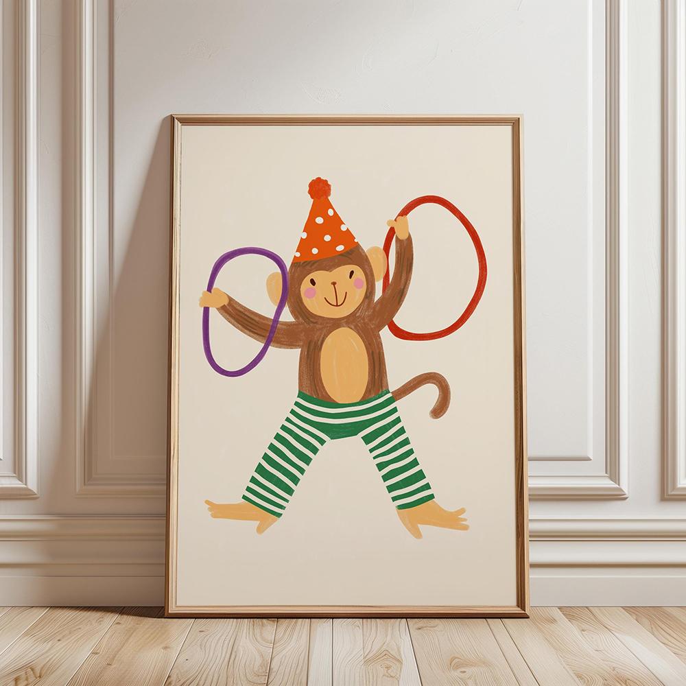 Circus Monkey Wall Art Birthday Party Decor Playful Kids Room Art Nursery Safari Animal Poster Lion Giraffe Dog Prints Pictures