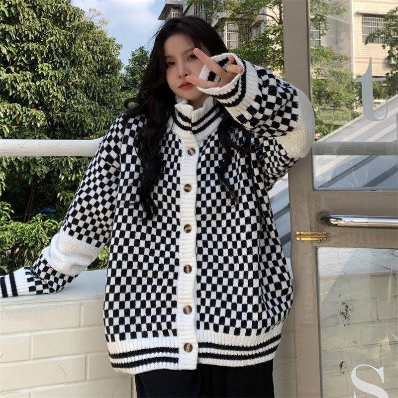 

Повседневный кардиган, свитер с шахматной доской, кардиган, пальто, осень-зима 2023, женский свободный топ с длинными рукавами, трикотаж, кардиган