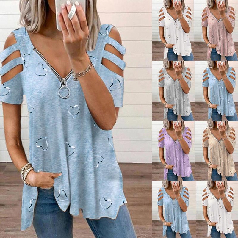 

Женская футболка с короткими рукавами и принтом сердца, винтажные летние свободные футболки больших размеров на молнии с v-образным вырезом