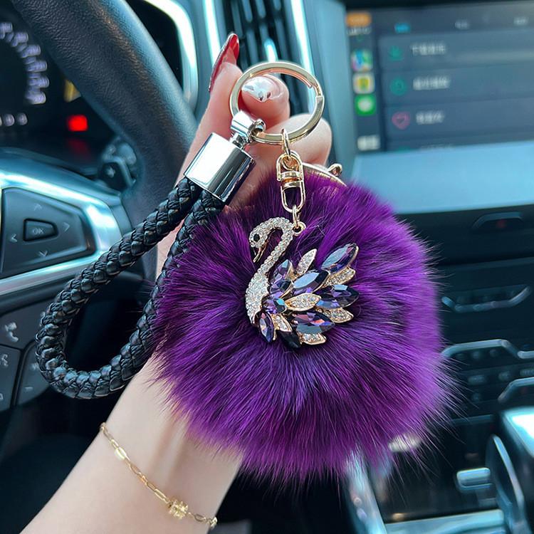 Crystal Swan Creative Fox Fur Car Keychain Exquisite Chic Keyring Bag Pendant
