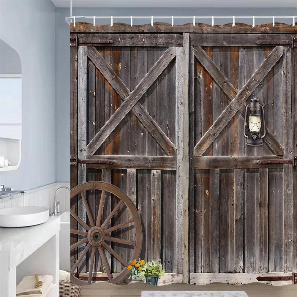 

Занавески для душа в деревенском стиле с изображением деревянной двери, амбарное колесо, зеленое растение, серая доска, занавеска для ванной, полиэстеровая ткань, декор для ванной комнаты с крючками 180x230cm-70x90in