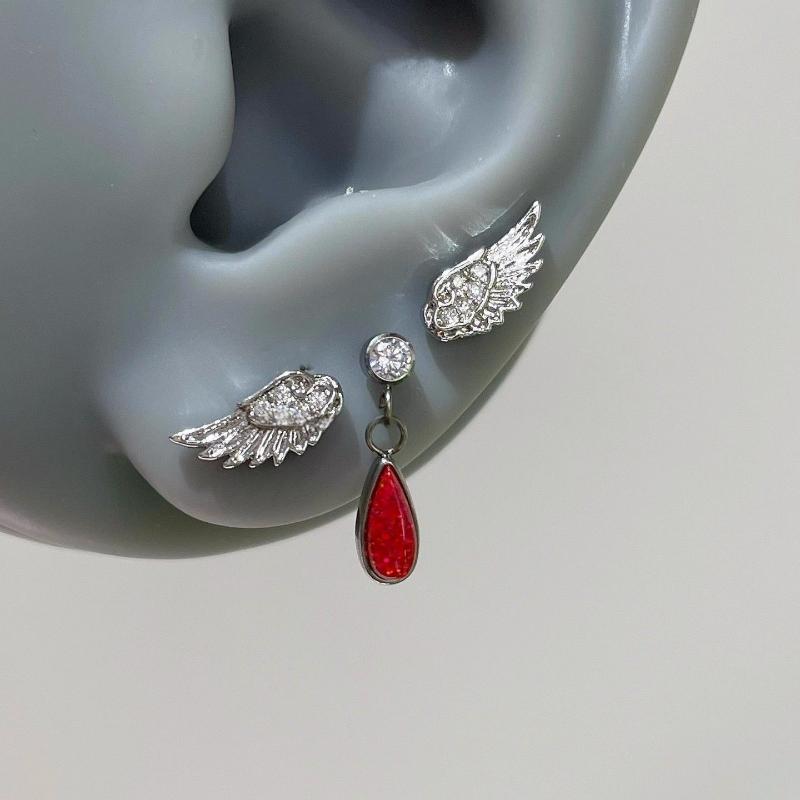 

3Pcs Fashion Crystal Zircon Wing Earrings Stud Women Sweet Cool Luxury Shiny Angel Wings Water Droplet Pendant Earrings красный