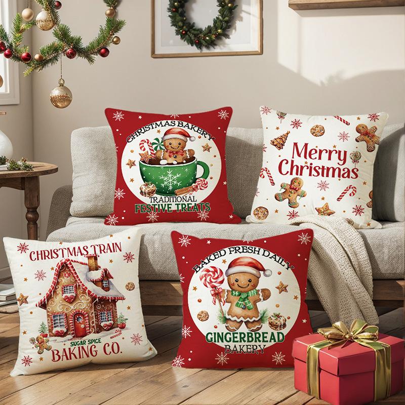 Christmas Pillowcase Cartoon Decorative Gingerbread Doll Print Digital Linen Sofa Backrest Living Room Bedroom Pillow