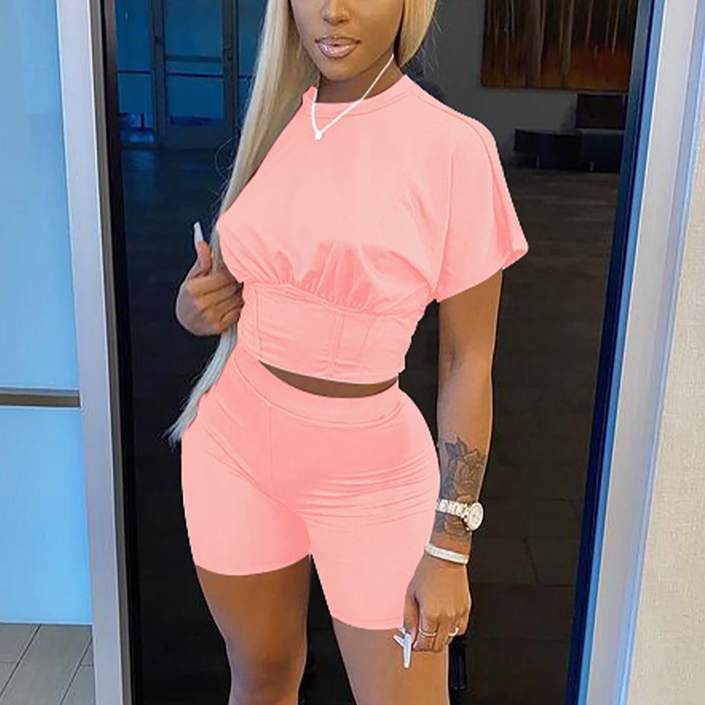 Womens Tracksuits  Color Sports Waist Set Short Sleeve Tops Shorts Set