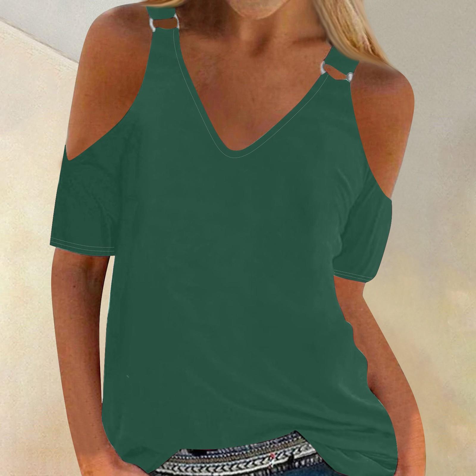 

Женская летняя однотонная свободная футболка с коротким рукавом и полым v-образным вырезом M зелёный