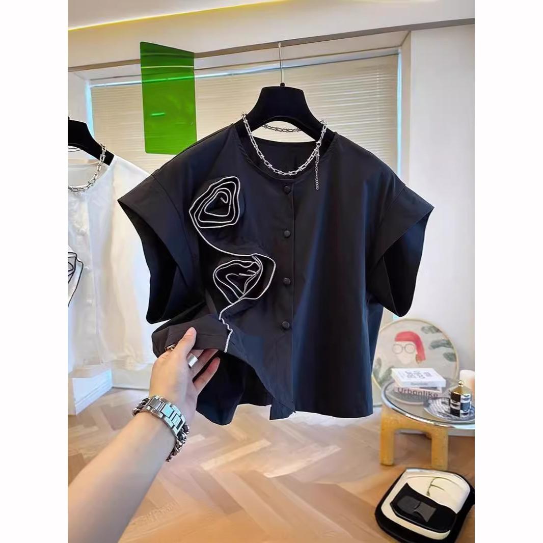 

Женская блузка с коротким рукавом, цветы, блузка, летняя рубашка с круглым вырезом, повседневная, свободная M чёрный