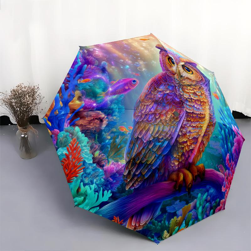 Flower Owl pattern, automatic folding umbrella, portable and foldable design, 8 ribs, a Christmas or birthday gift.