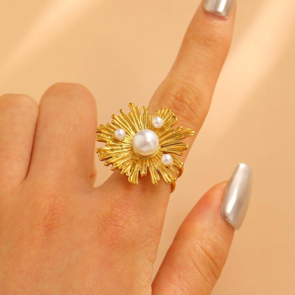 Fashionable Exaggeration Versatile Imitation Pearl Stainless Steel Flower Opening Ring For Women