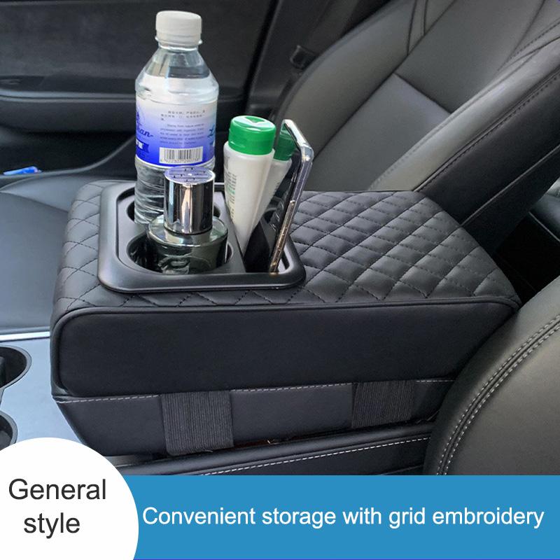 Auto PU Leder Universal Armlehnenkonsolenverlängerung mit 2 Getränkehaltern Auto Innenraum Aufbewahrungsbox Erhöhungskissen Taschentuch Organizer