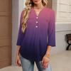 Women's Fashionable Casual Color Block Gradient Print V-Neck Button Three-Quarter Sleeve T-Shirt Top