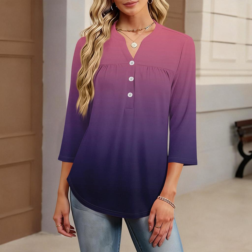 Women's Fashionable Casual Color Block Gradient Print V-Neck Button Three-Quarter Sleeve T-Shirt Top